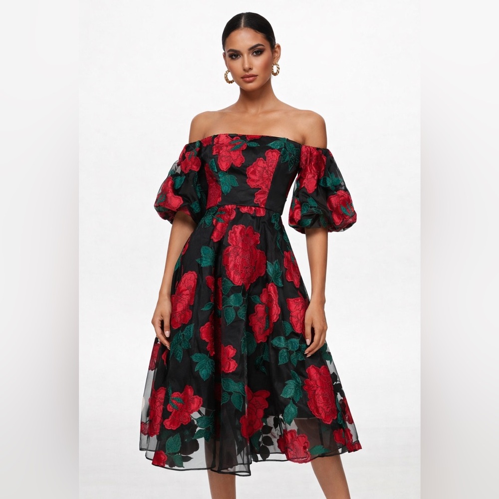 Marchesa New With Tags Black and Red Floral Midi Dress New With Tags fits 6-8